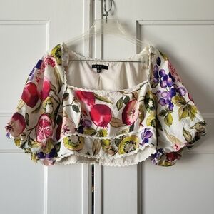 FORE Fruit Print Boho Puff Sleeve Crop Top Square Neck L